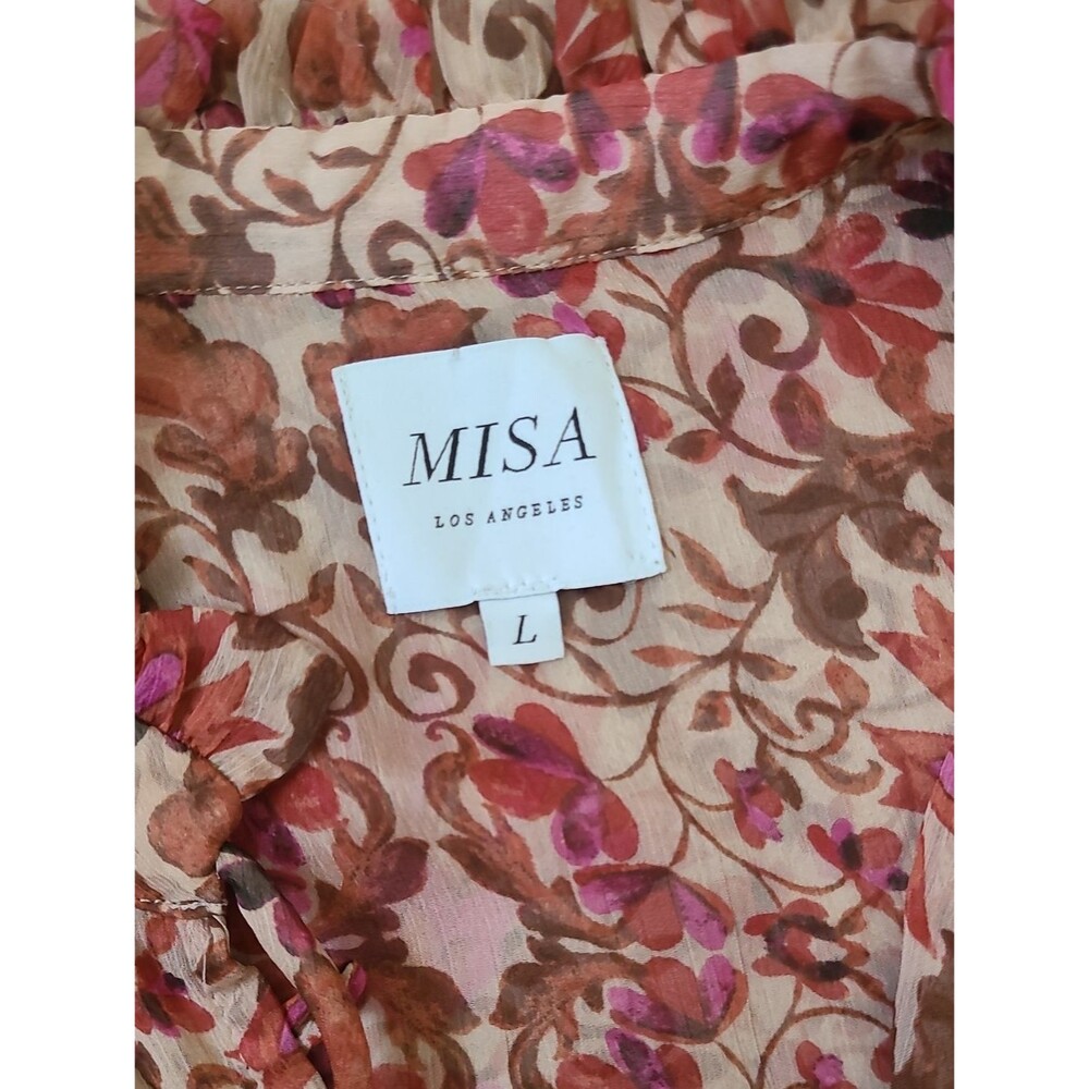MISA Analeigh Blouse Floral Ruffle Tie-Neck Blouse Pink Multi Large Light Summer - Picture 5 of 7